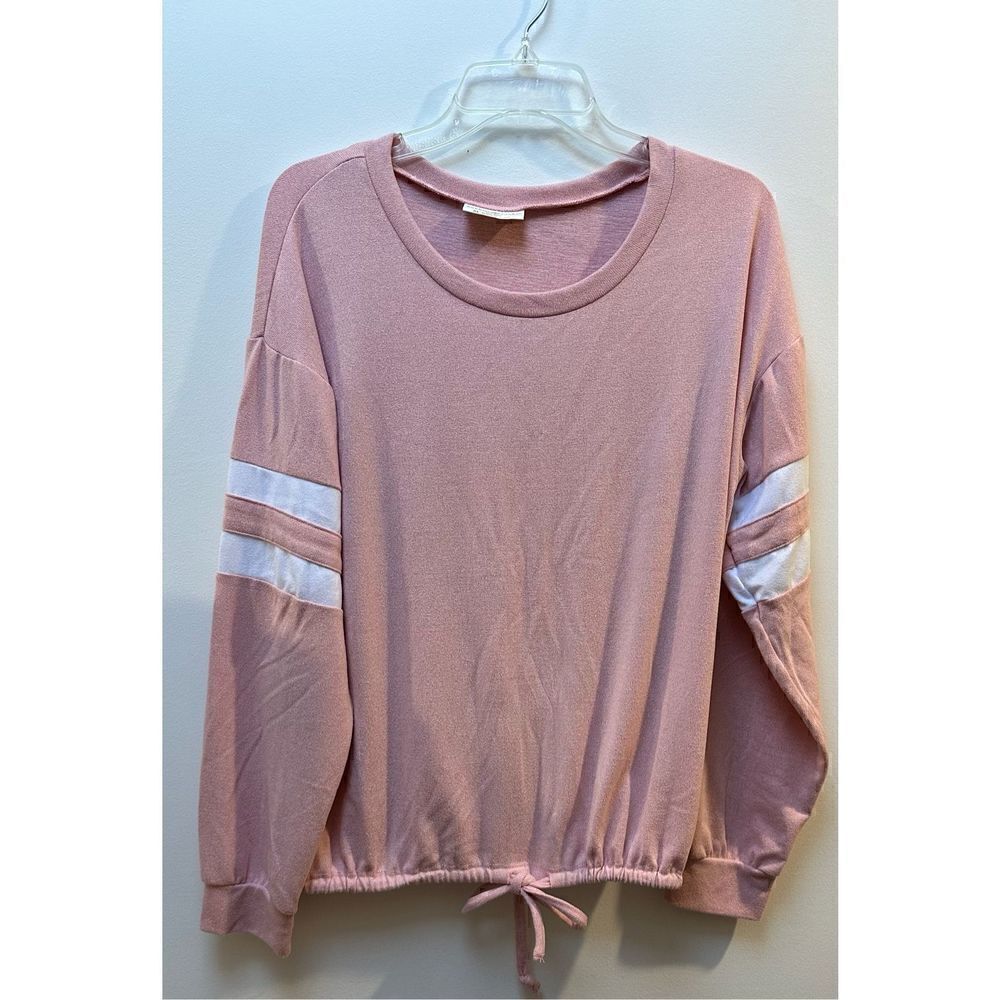 Bobbie Brooks ladies pink w/ white stripes on sleeves soft sweater XL #26-0752